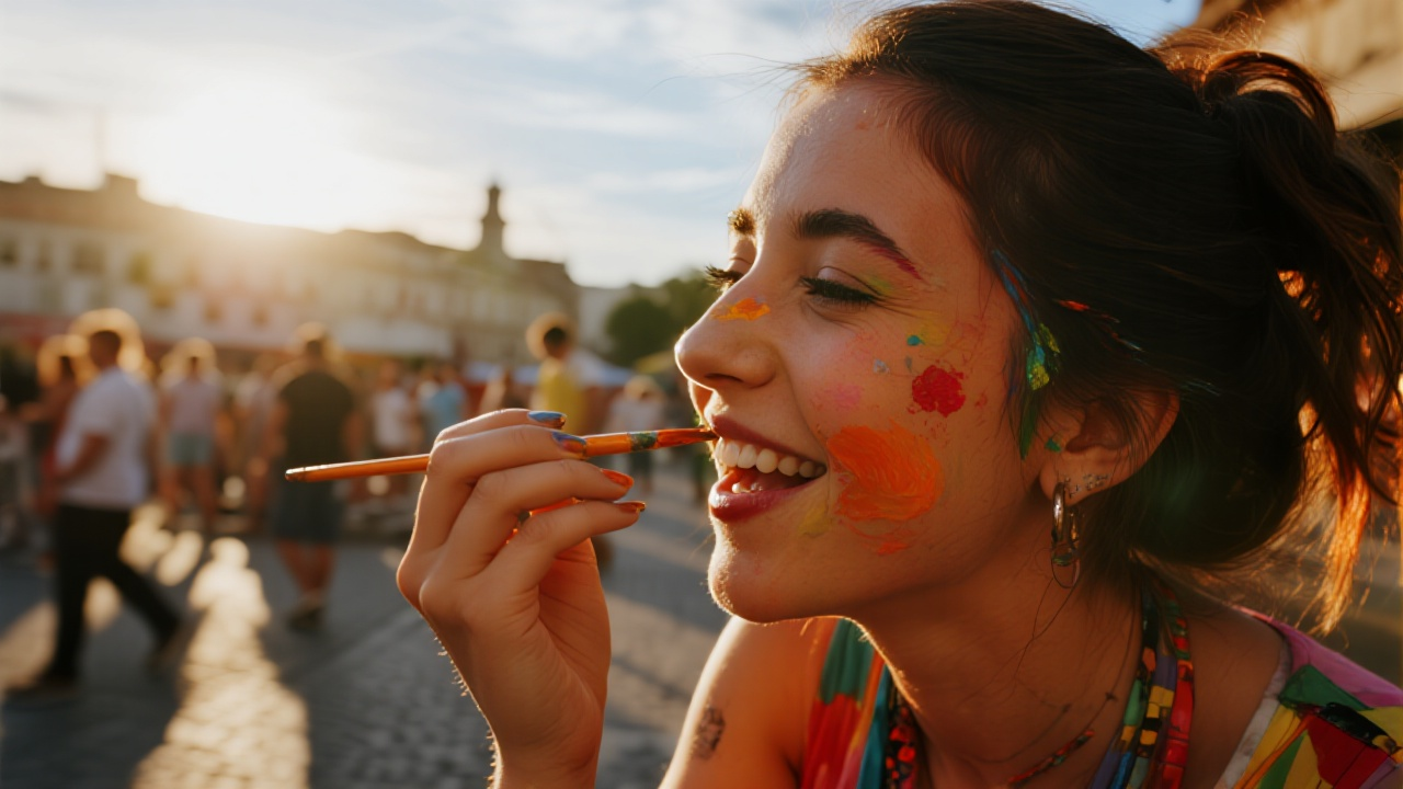 Seedream AI generated hyper-realistic street artist with paint on face performing energetically on vibrant city street