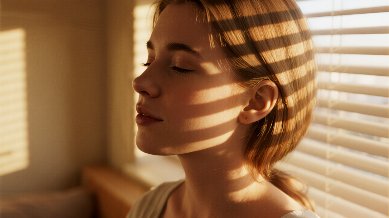 Seedream AI generated serene portrait of young woman with eyes closed in soft sunlight with detailed skin texture